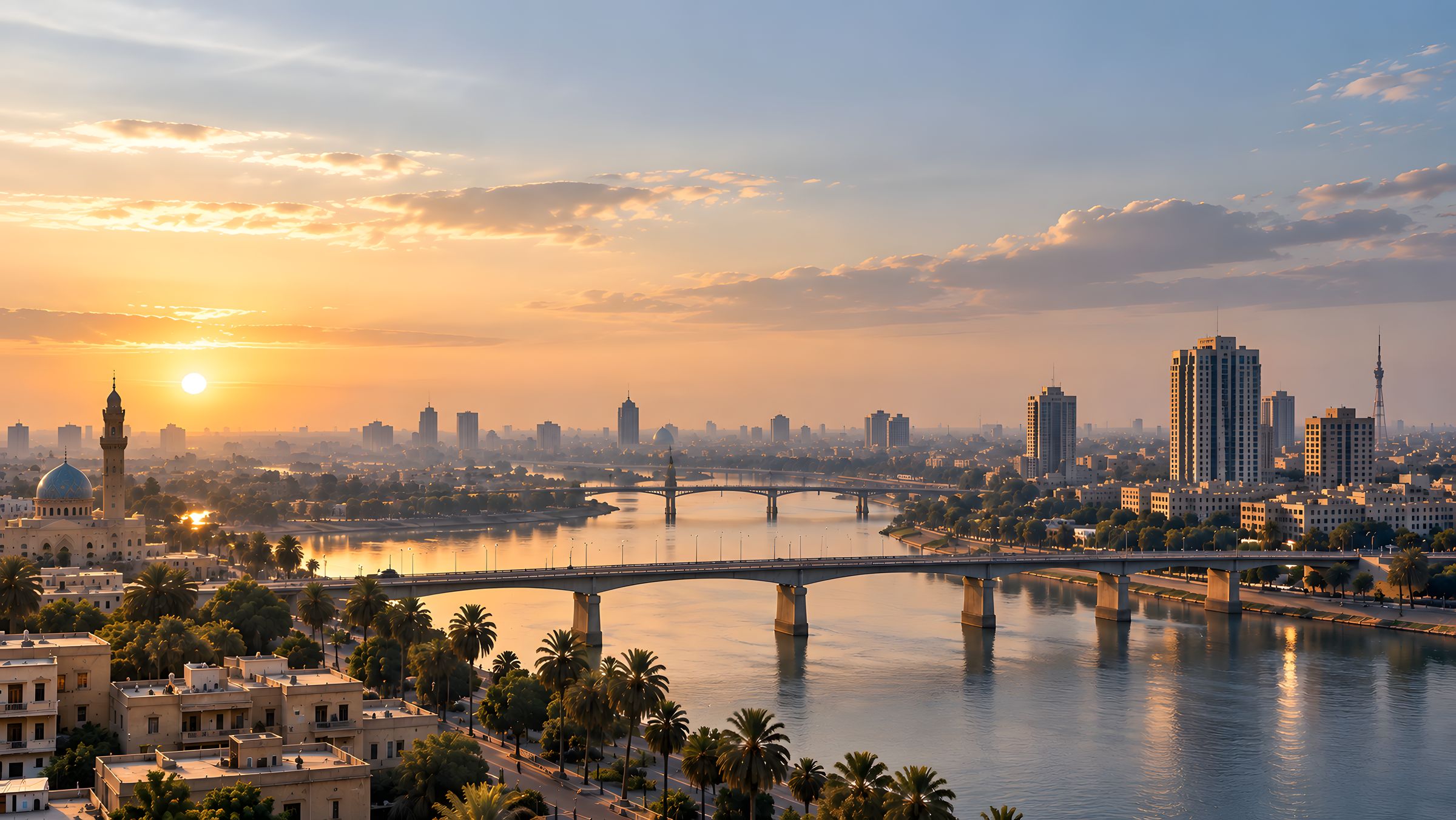 Sunset over a city on the Tigris, with bridges and palm trees along the river